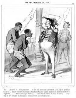 Daumier caricature l’exercice du droit de visite des navires par la marine anglaise pour lutter contre la traite des Noirs dans Le Charivari du 6 décembre 1844. 