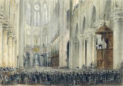 C’est l’un de ses prêches à Notre-Dame que montre une aquarelle anonyme d’époque. L’auditoire nombreux, attentif et plutôt masculin est groupé au pied de la chaire, le regard levé vers le prédicateur. 