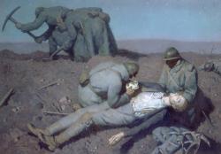 Dans une terre jonchée de débris et hérissée de croix de bois, deux soldats coiffés du casque Adrian s’occupent du cadavre d’un de leurs camarades. 