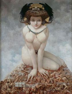 femme monumentale et hiératique dans une nudité agressive, sorte de poupée d’amour extrêmement féminine et pulpeuse, la peau blanche avec des énormes seins globulaires, 