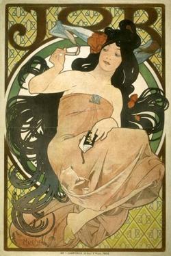 Cette affiche (1898) est la seconde que Mucha réalise pour la marque de papier à cigarette Job. 