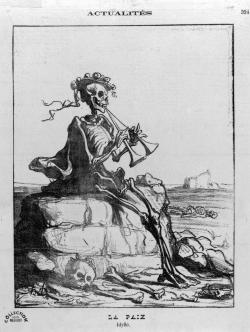 la Mort représentée par un squelette assis sur un mur en ruines, qui joue d’une trompette double au milieu d’un paysage jonché de débris humains.