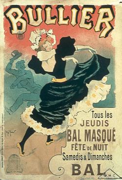 Dans l’affiche pour le bal Bullier, Georges Meunier s’approprie le style de son maître Chéret, pour qui légèreté et fluidité priment sur l’expressivité. 