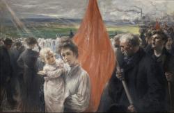 Une grève, une femme avec un enfant, un drapeau rouge à Saint-Ouen