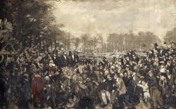 La Célébration des États Généraux de 1789 reprend le principe de condensation plastique de la foule, mais pour répondre aux exigences de lisibilité du tableau officiel, le peintre a tempéré