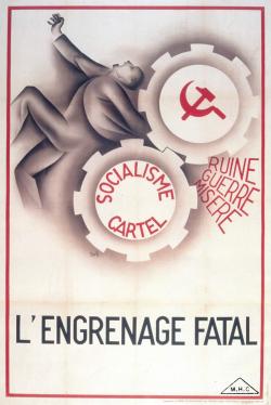 La première affiche, intitulée « L’engrenage fatal », frappe par la clarté de son propos graphique et le dynamisme qui découle de l’utilisation à la fois symbolique et concrète du rouage