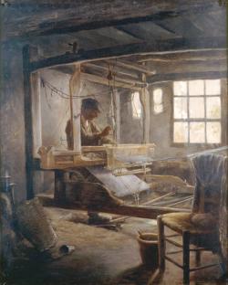 cette toile présente un paysan breton qui fabrique à domicile, sur un métier manuel rudimentaire, des étoffes ordinaires, de coton ou de laine.