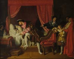 Un homme, Léonard de Vince, agonise dans un lit à baldaquin rouge le roi François Ier lui tient la main