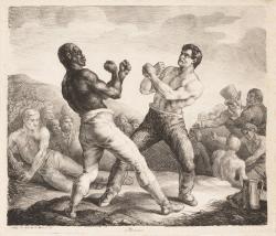 Un boxeur noir et un boxeur blancs'affrontent