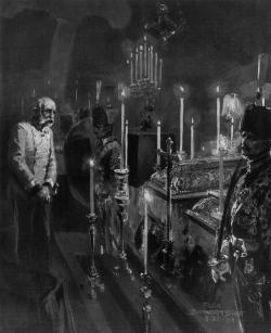 Franz Joseph face aux cercueils de Franz Ferdinand et de la duchesse Sophie de Hohenberg